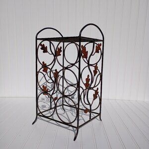 Heavy Wrought Iron Wine Rack 6 Bottle Holder Rust Leaf Accents Vintage Shelf